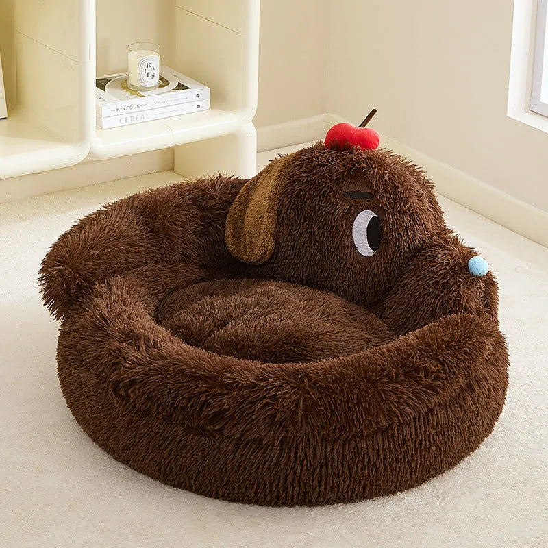 Grey faux fur pet sofa bed with plush bolsters and a removable cushion for dogs and cats.
