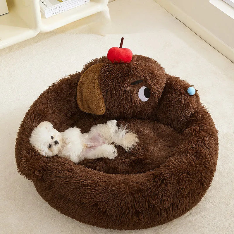 Grey faux fur pet sofa bed with plush bolsters and a removable cushion for dogs and cats.