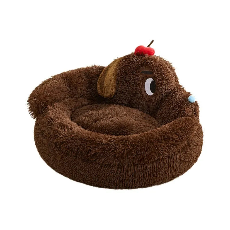 Grey faux fur pet sofa bed with plush bolsters and a removable cushion for dogs and cats.