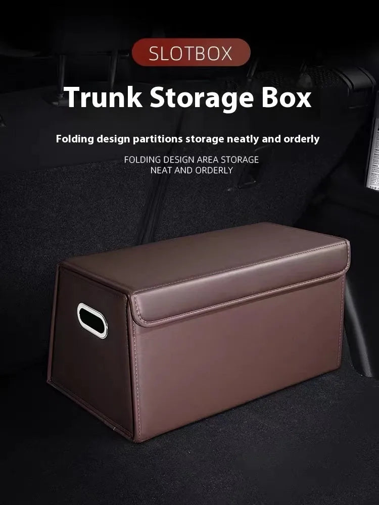 Folding waterproof leather car trunk storage organiser in black medium size on a boot floor