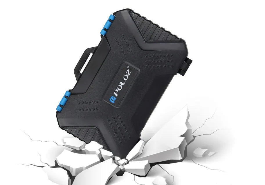 Black waterproof memory card case for 4CF 8SD 9TF SIM cards with blue TPV seal, 11.5 x 7.0 x 2.05 cm