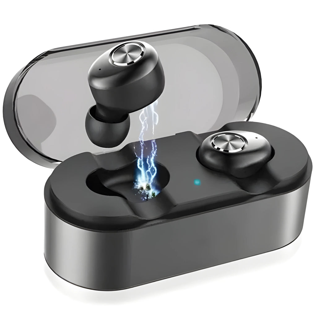 Black wireless Bluetooth headset for hands-free calling with mobile devices