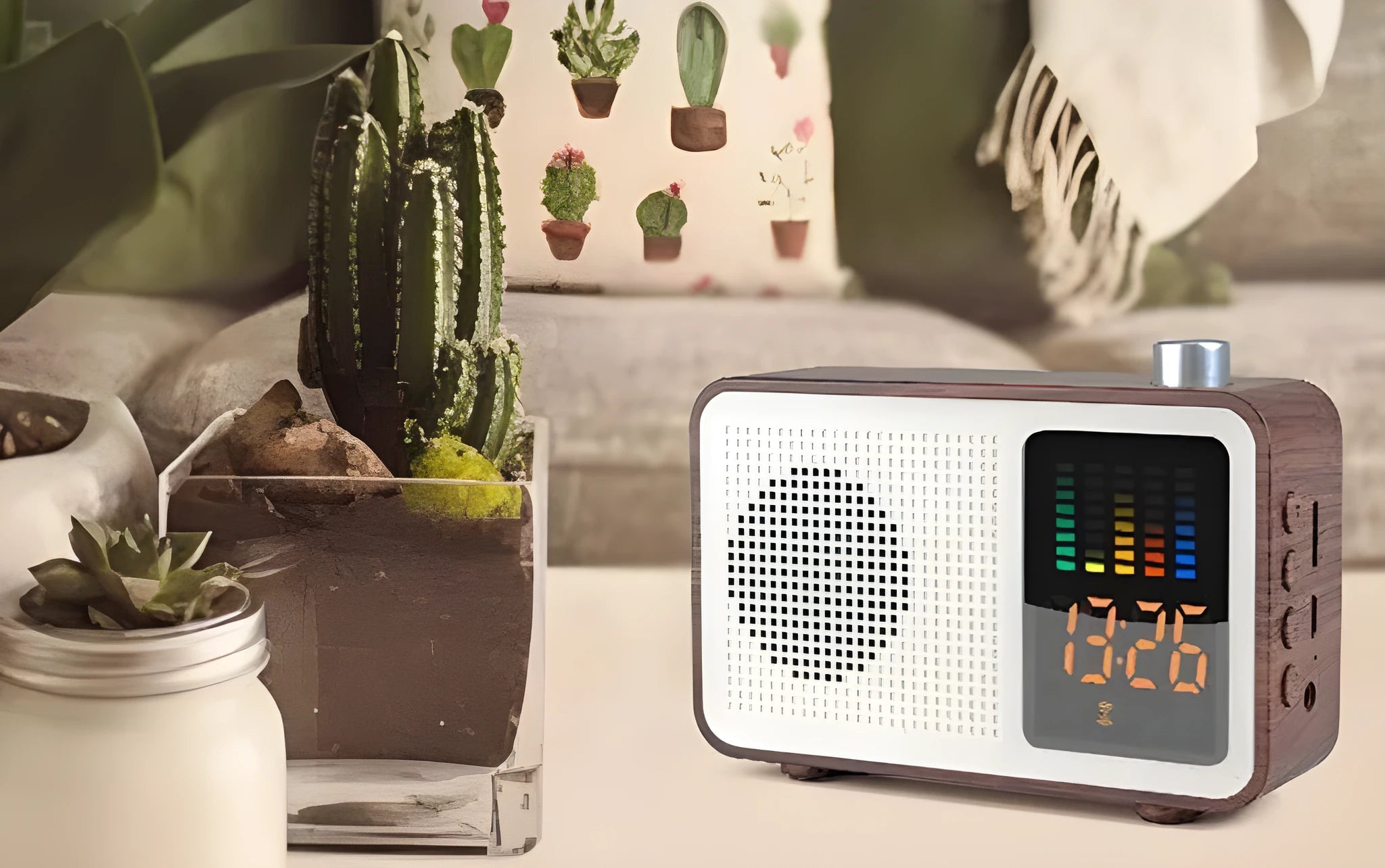 Brown retro style Bluetooth speaker with FM radio and carry handle