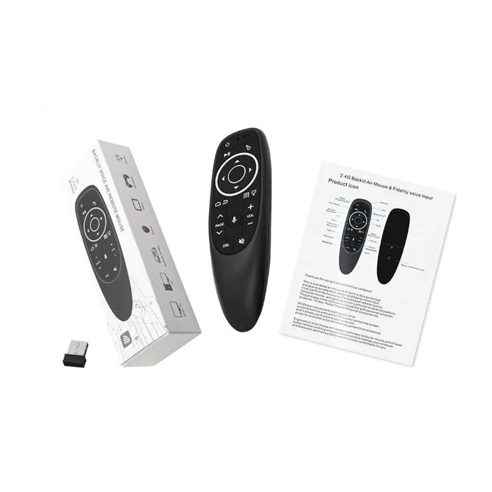 G10 G10S Pro intelligent voice remote control with plastic shell and silicone buttons on a dark surface.