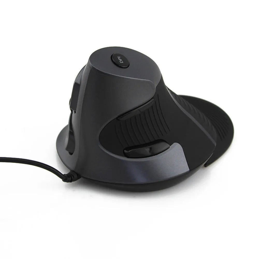 Black and white ergonomic vertical wired optical mouse for desktop computers with natural handshake grip