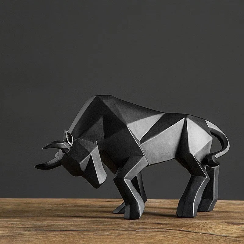 Black geometric resin bull sculpture on a shelf, abstract bison statue for modern home decor