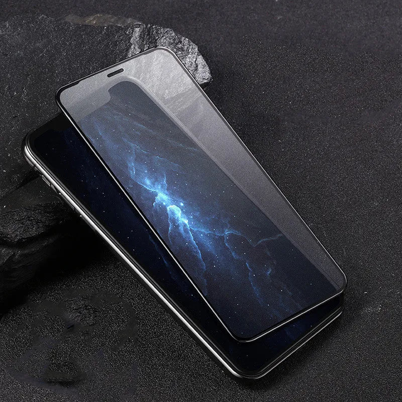 Tempered glass screen protector for iPhone models 11, X, XS, showing anti-fingerprint and HD features.