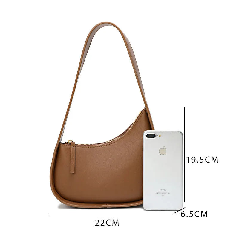 Genuine leather women's half-moon shoulder bag with wide strap in light brown colour