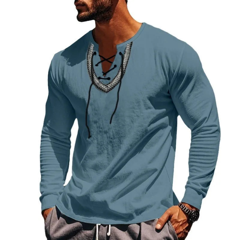 Men's cotton blend pullover retro ethnic style casual long-sleeved shirt in loose fit navy blue