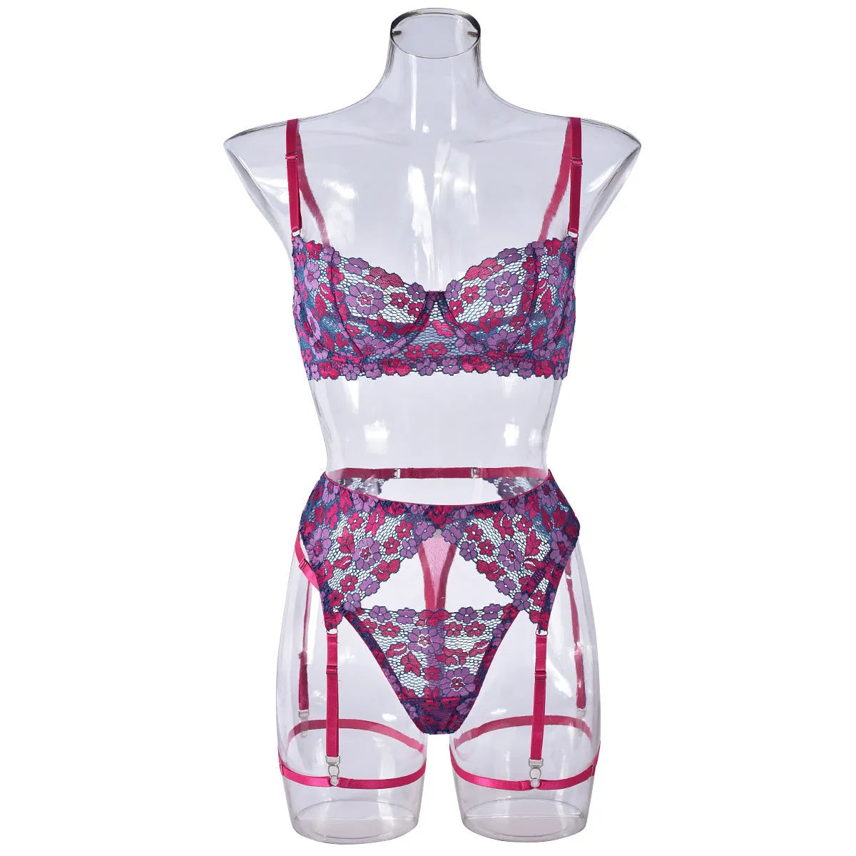 Rose red women's bikini set with floral embroidery on a white background.