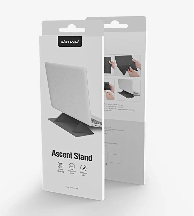 Blue portable laptop cooling bracket with foldable design on a wooden table.
