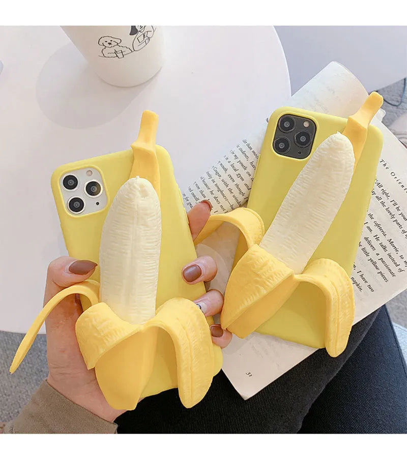 Yellow silicone banana-shaped phone case with unzip detail for iPhone models.