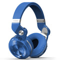 A black Bluetooth headset with over-ear design and a card plug-in cable on a white background.