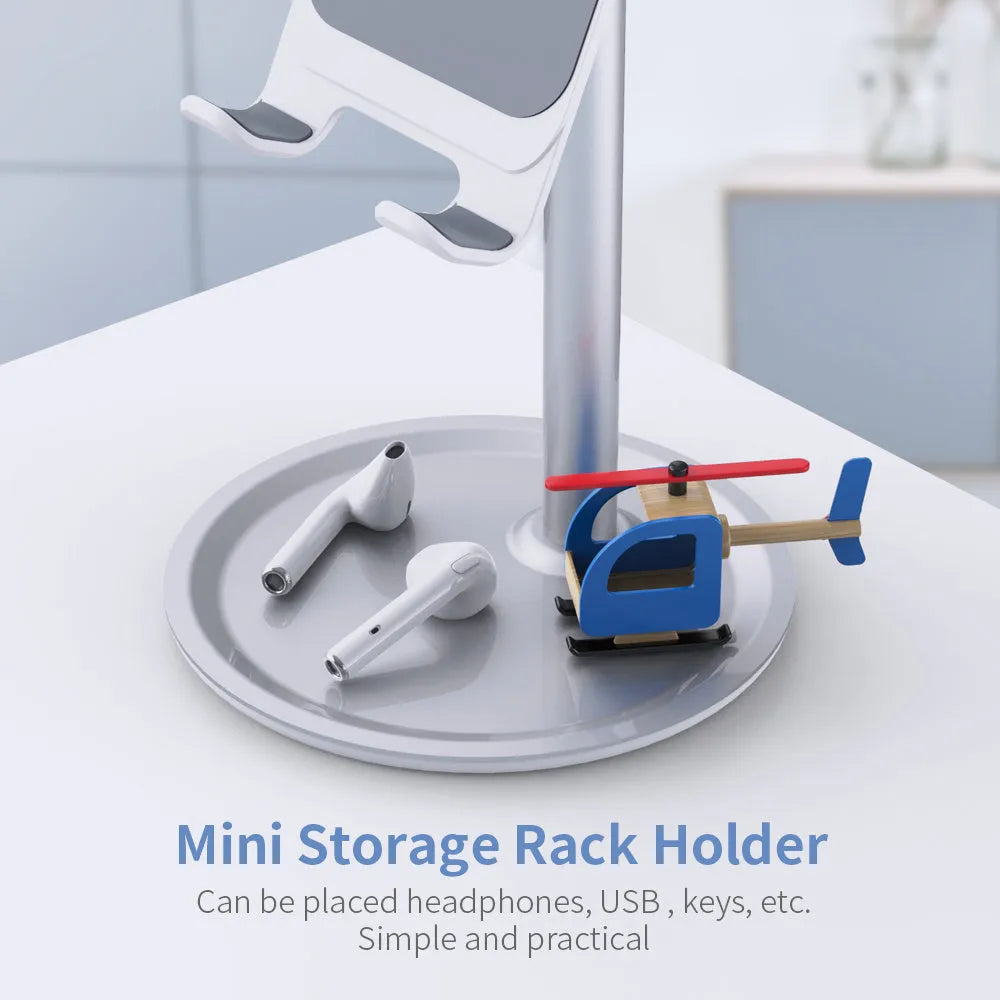 Aluminium alloy and plastic foldable stand holding a tablet on a desk