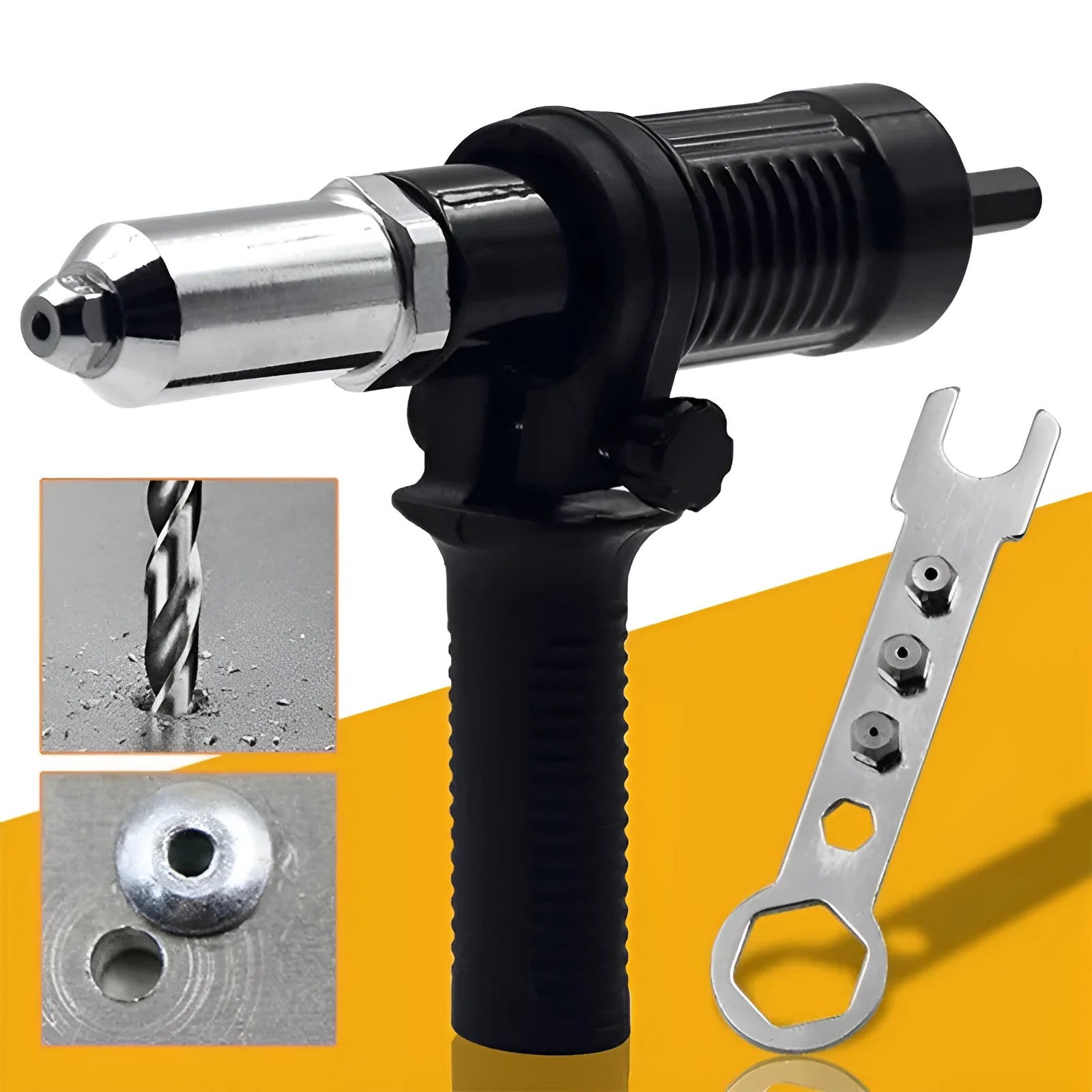 Black metal electric drill rivet gun with handle and wrench, 173mm long.