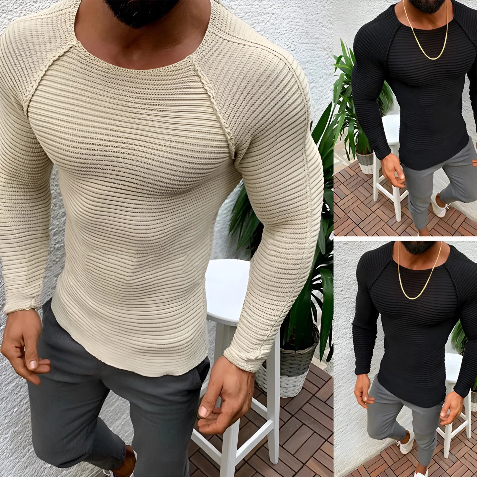 Slim-fit long-sleeved round neck acrylic knit pullover sweater for men in black and apricot