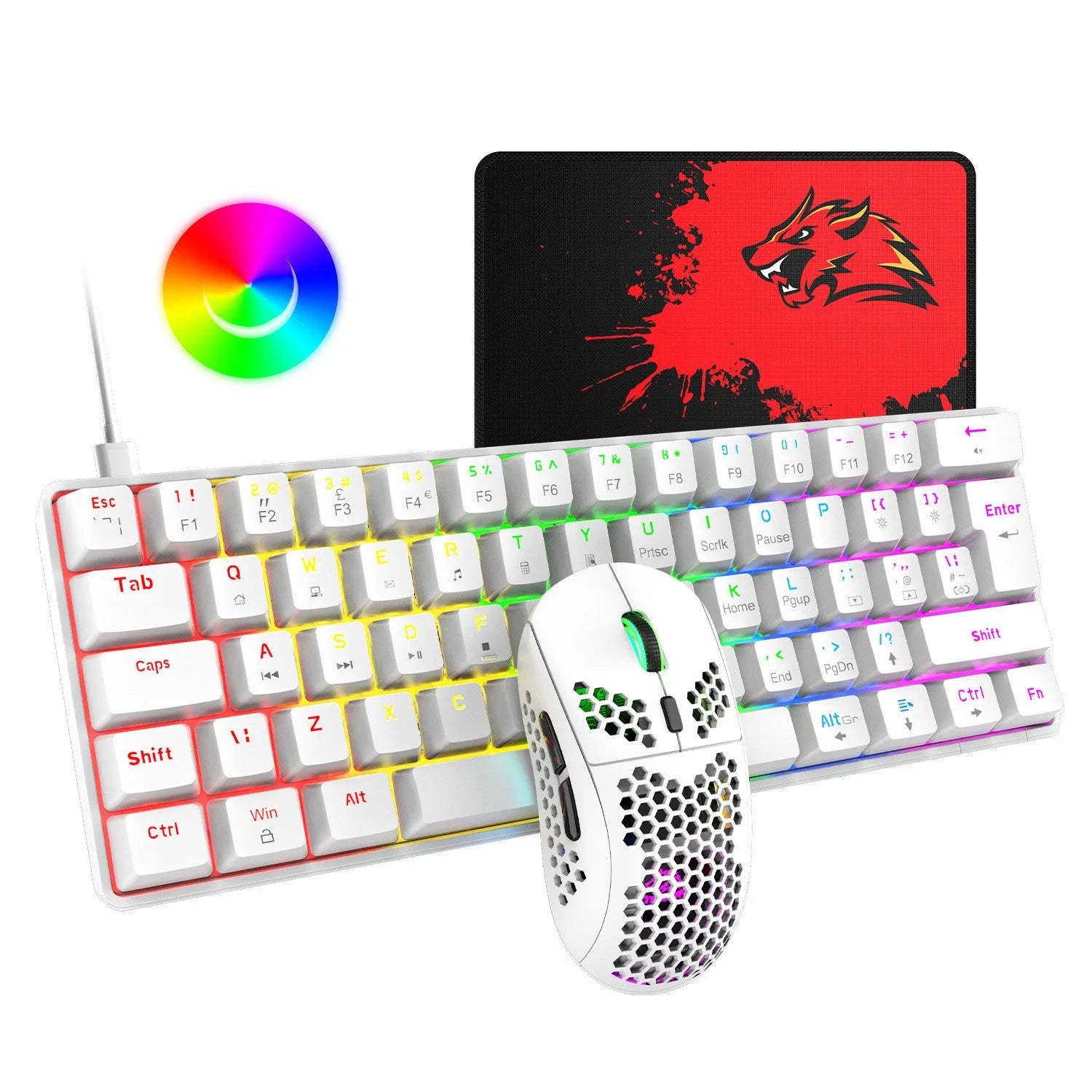Wired gaming keyboard and mouse set with black green shaft keys and photoelectric mouse