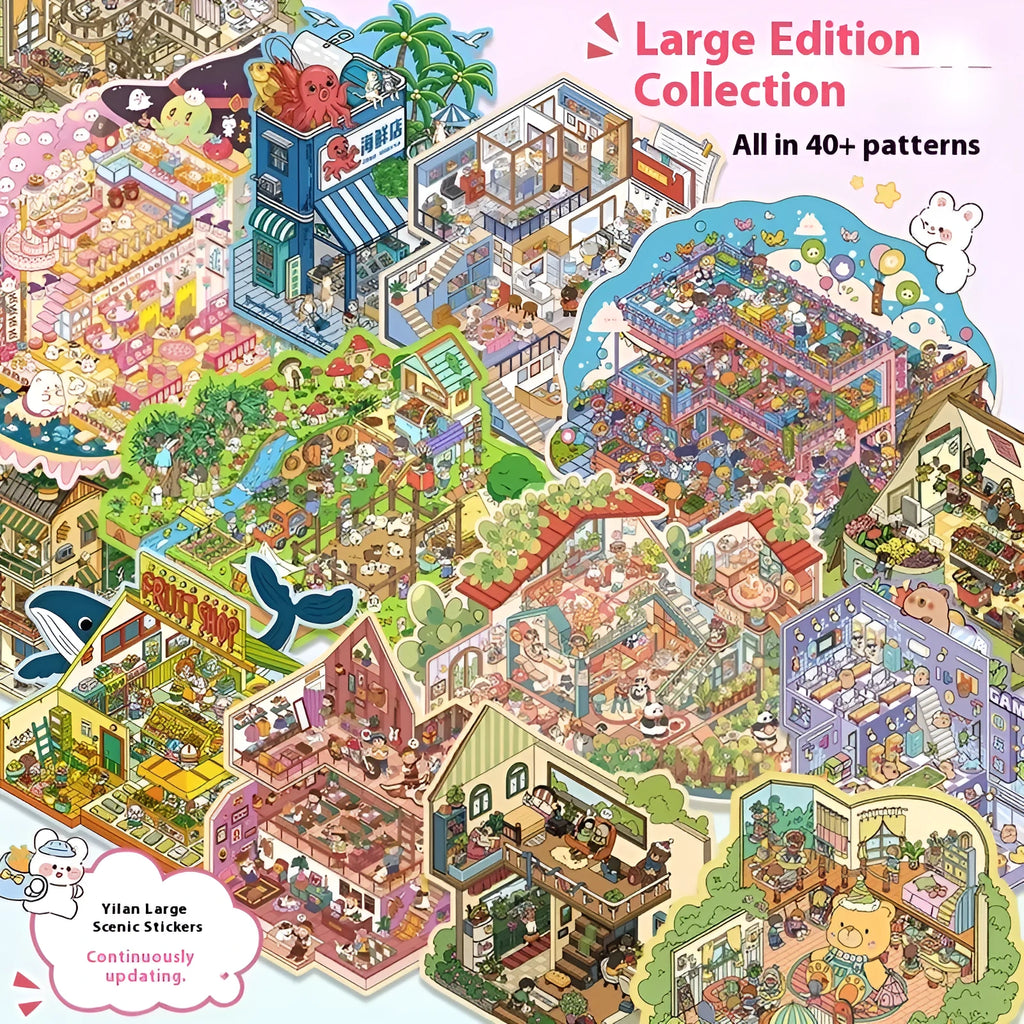 Three-dimensional landscape miniature sticker set with cartoon dreamy adventure scene on PET material.