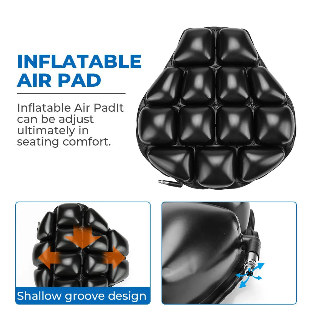 Black motorcycle seat cushion with airbag and 3D mesh cloth cover in L and XL sizes