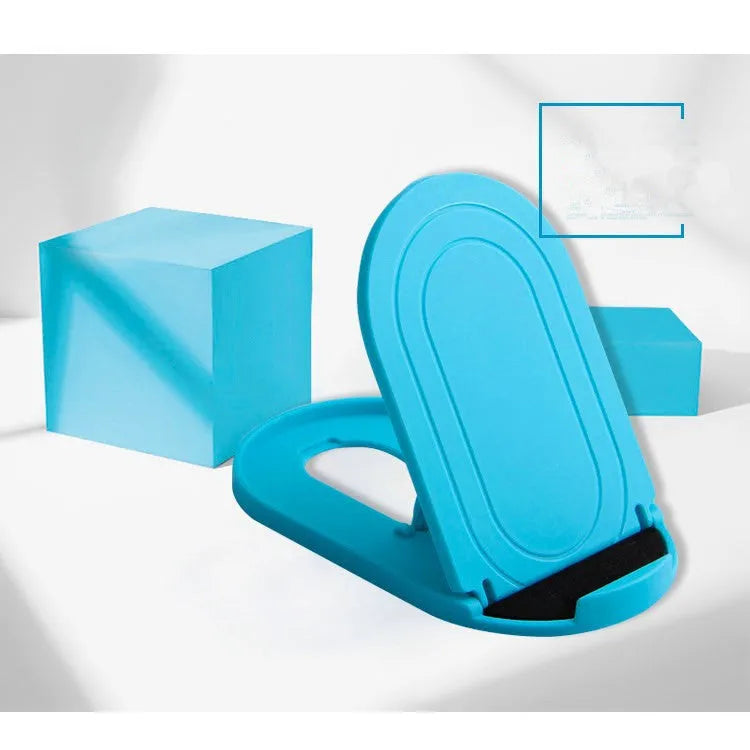 Adjustable plastic mobile phone stand in one of six colour options: black, blue, grey, pink, white, or yellow.