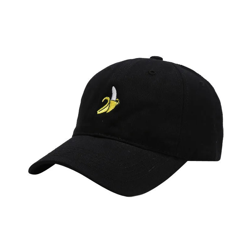 Adjustable banana-embroidered baseball cap in soft polyester fabric, shown in multiple colours.
