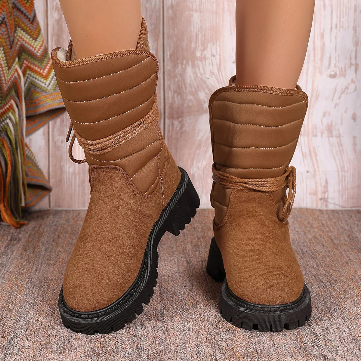 Women's black suede chunky heel snow boots with lace-up design and fleece lining.
