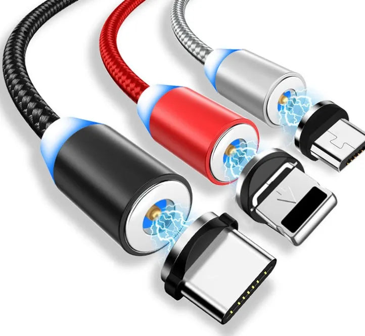 YBD black braided magnetic charging cable with LED light and aluminium shell for iPhone and Android.