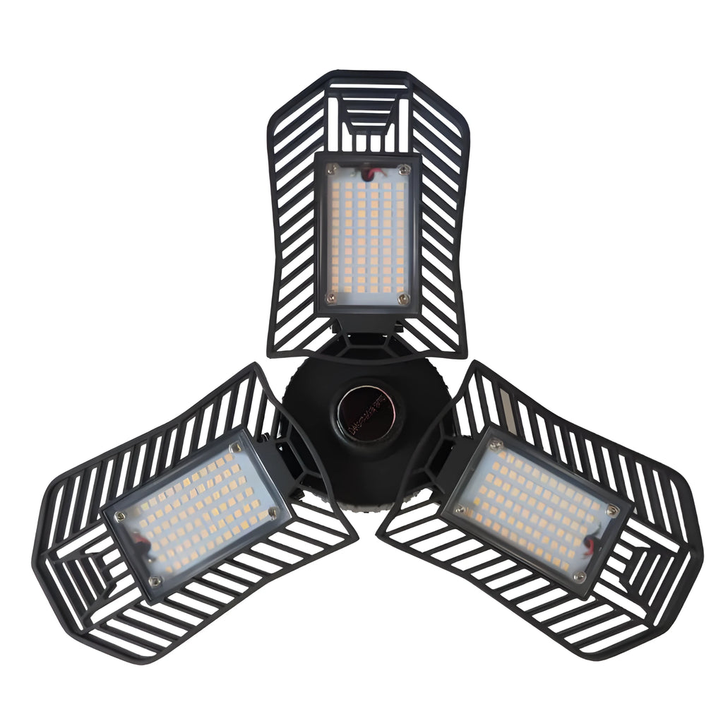 A foldable silver aluminium garage work lamp with a clear plastic lens, shown in an open position.