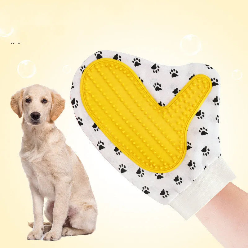 White silicone pet brush glove for deshedding cats and dogs, 25x17cm, with cloth backing