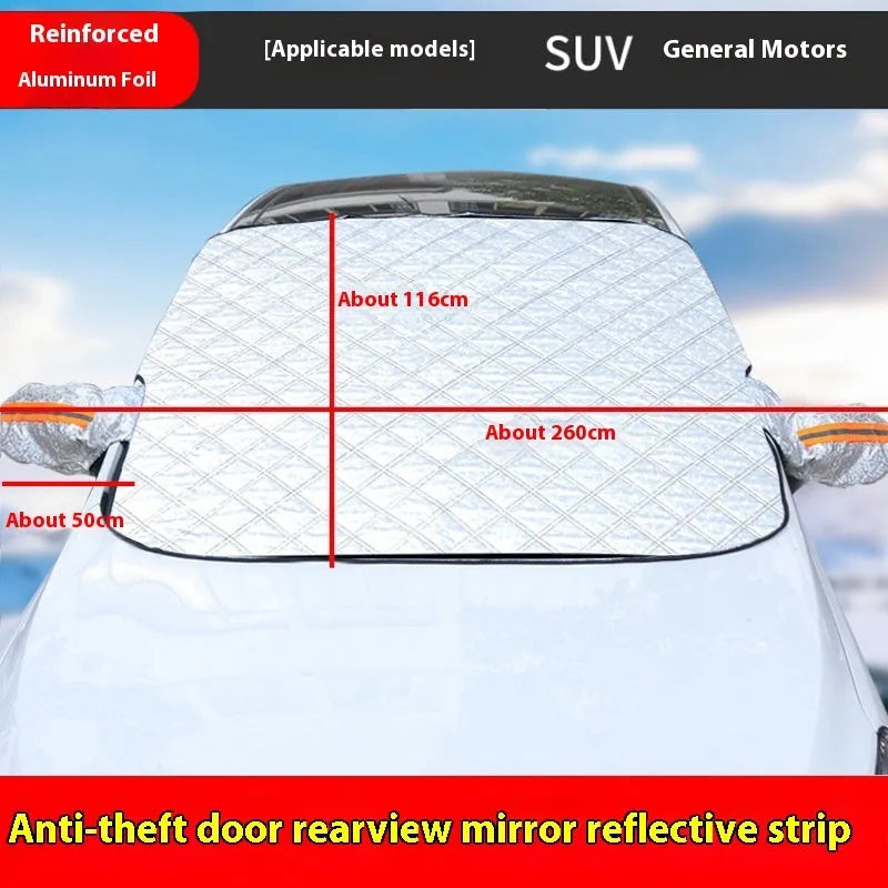 Large aluminium foil winter car cover with reflective stripes and magnets, shown fitted on an SUV front windshield.