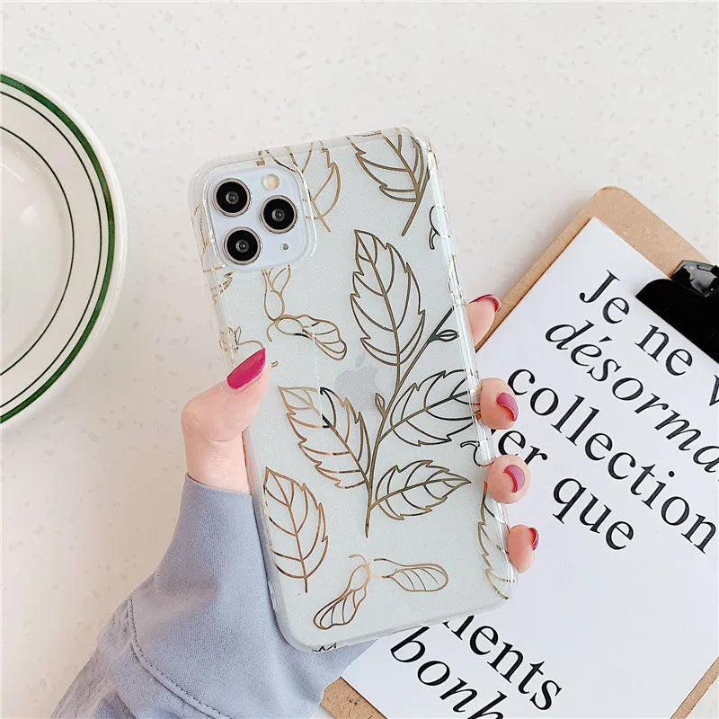 TPU leaf flower geometric phone case back cover for Apple iPhone in simple style with three colour options