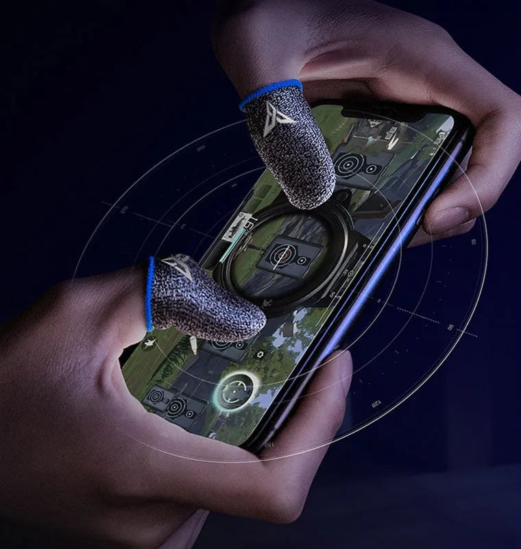 Green gaming thumb sleeves for mobile phones with silver fibre construction and 3M reflective logo