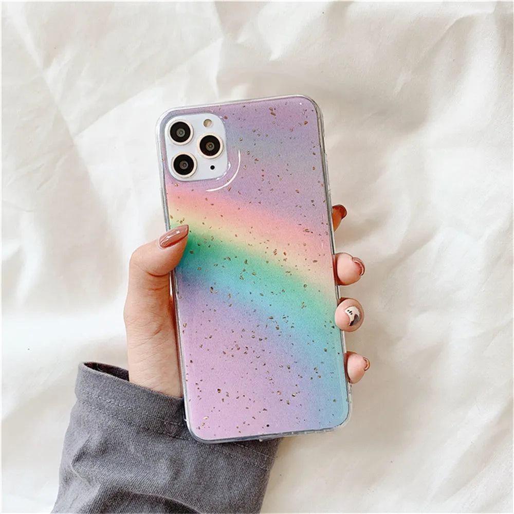 Rainbow gradient striped iPhone case made from flexible TPU material with protective shell design