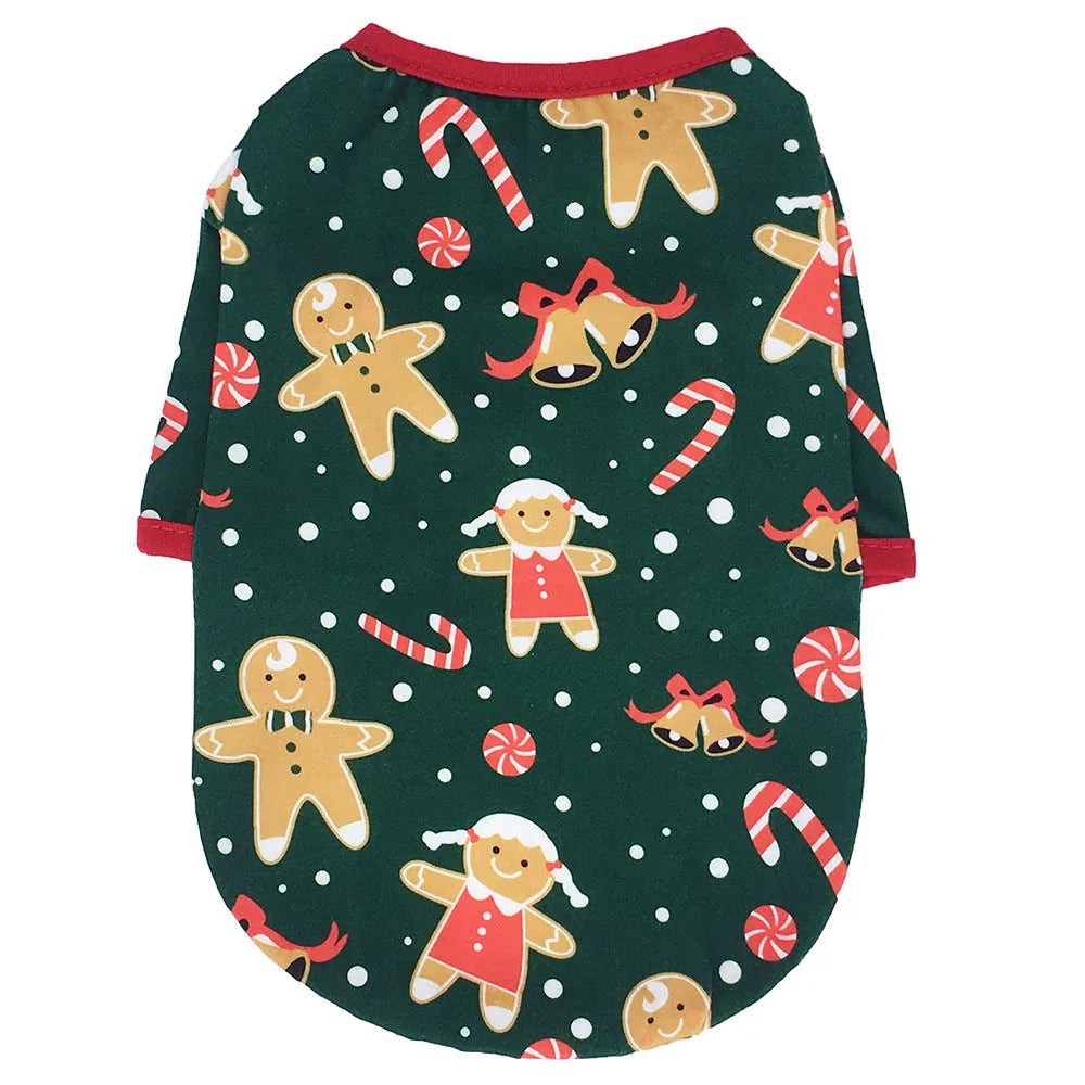Christmas pet clothes in two-legged cotton design with Snowman, Elk, Gingerbread Man, Santa Claus and Merry Christmas options.