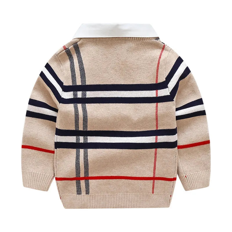 Boys plaid jacquard sweater in apricot colour with long sleeves and pullover design