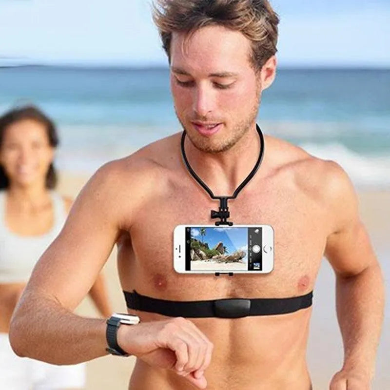 Black wearable neck phone holder with smartphone attached, showing 180-degree adjustment angle