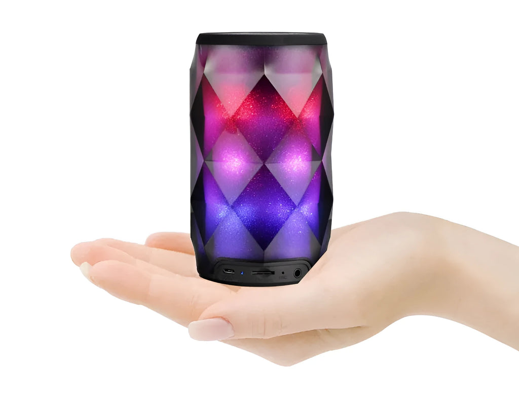Black crystal diamond-cut Coca-Cola can shaped Bluetooth speaker lantern with colourful LED lights.