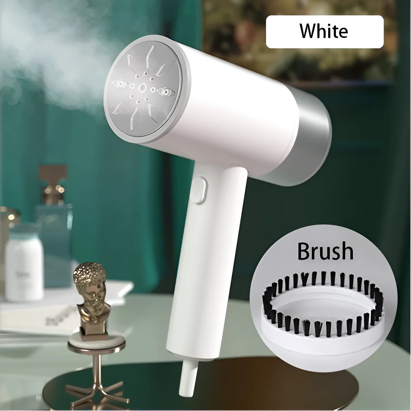 White hand-held hanging garment steamer with separate water tank and stainless steel panel