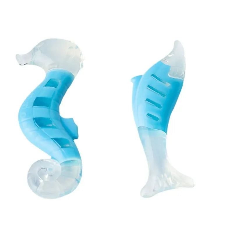 Two PU nylon dog chew toys: one seahorse shape and one tuna shape, for small breed puppies.