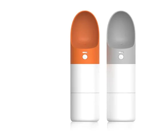 White MOESTAR rocket-shaped pet drinking cup with grey or orange accents showing one-button lock