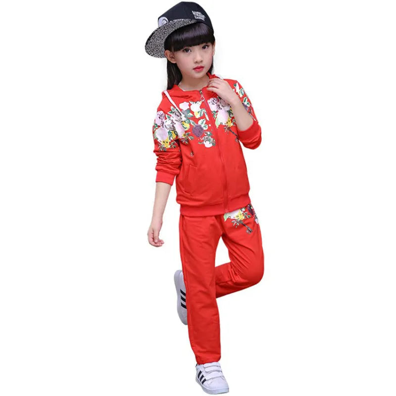 Children's hooded jumper suit set in pink, red or yellow with long sleeves for spring and autumn wear