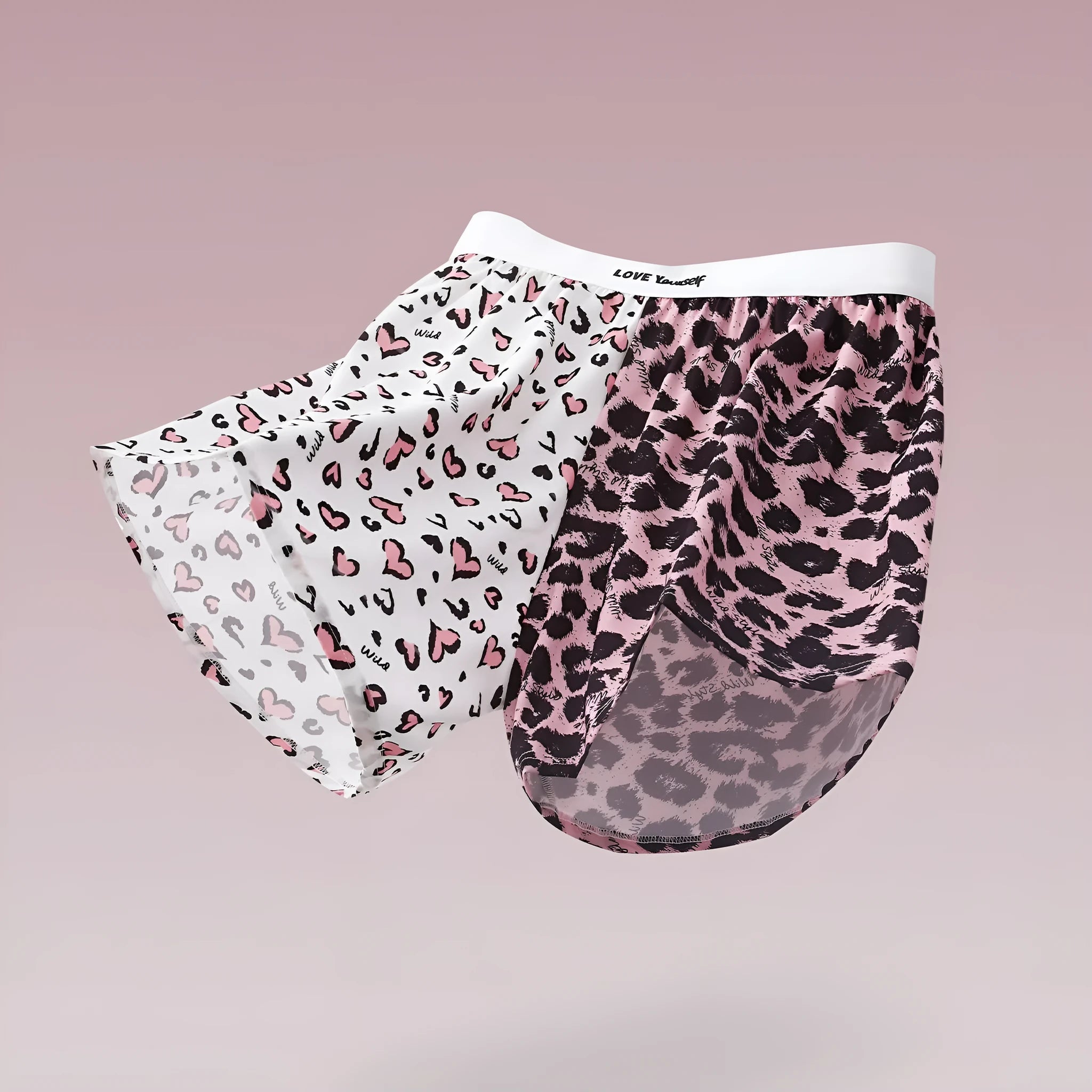 Men's leopard print loose woven boxer briefs in Ice Silk fabric showing quick-drying feature