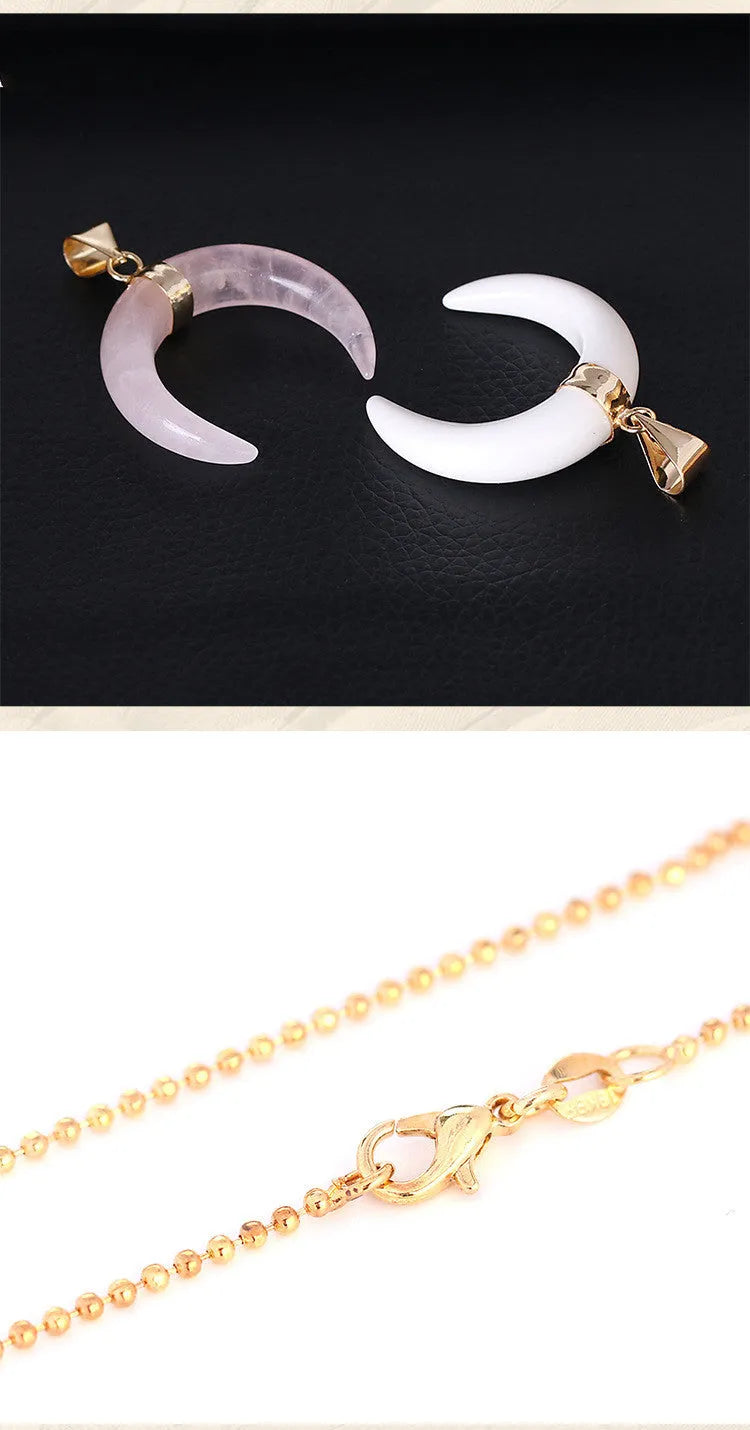 Natural stone moon pendant necklace with 45cm chain in pink or purple colour options