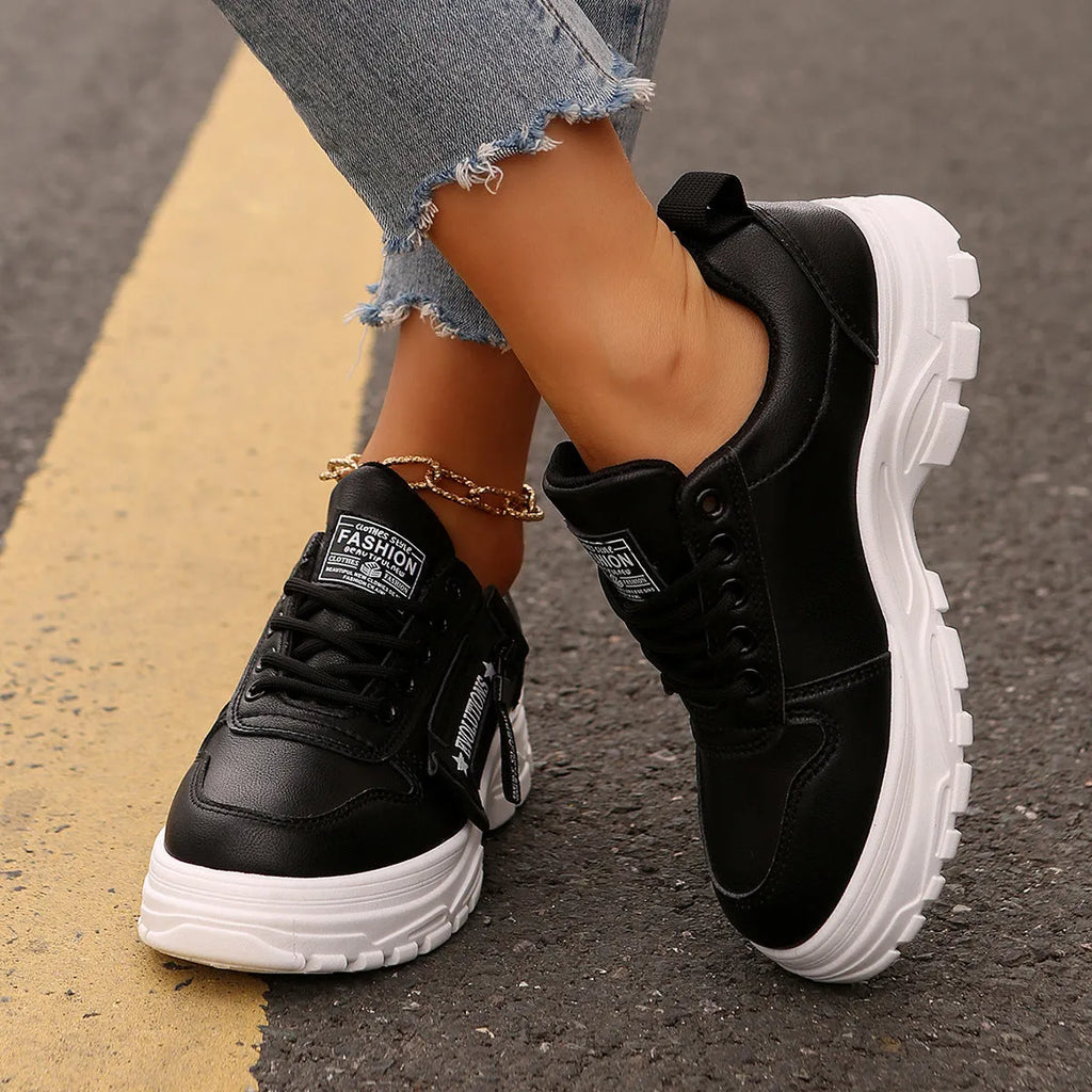 Lace-up sports shoes with side zipper, round-toe, thick sole, artificial PU upper, colour combination, women's casual sneakers