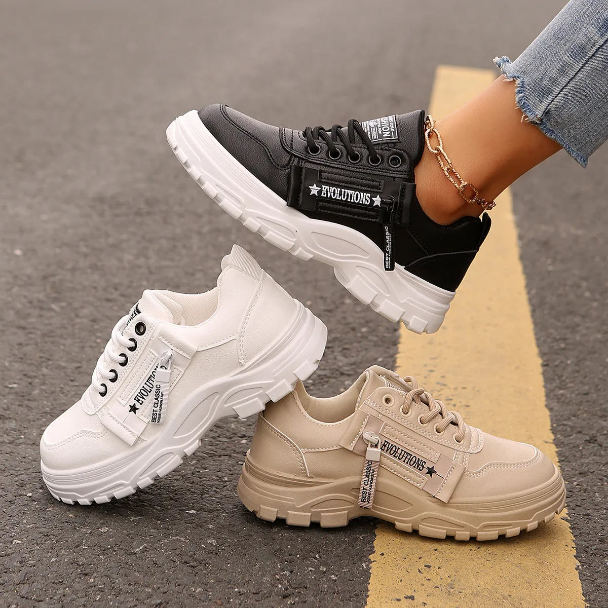 Lace-up sports shoes with side zipper, round-toe, thick sole, artificial PU upper, colour combination, women's casual sneakers