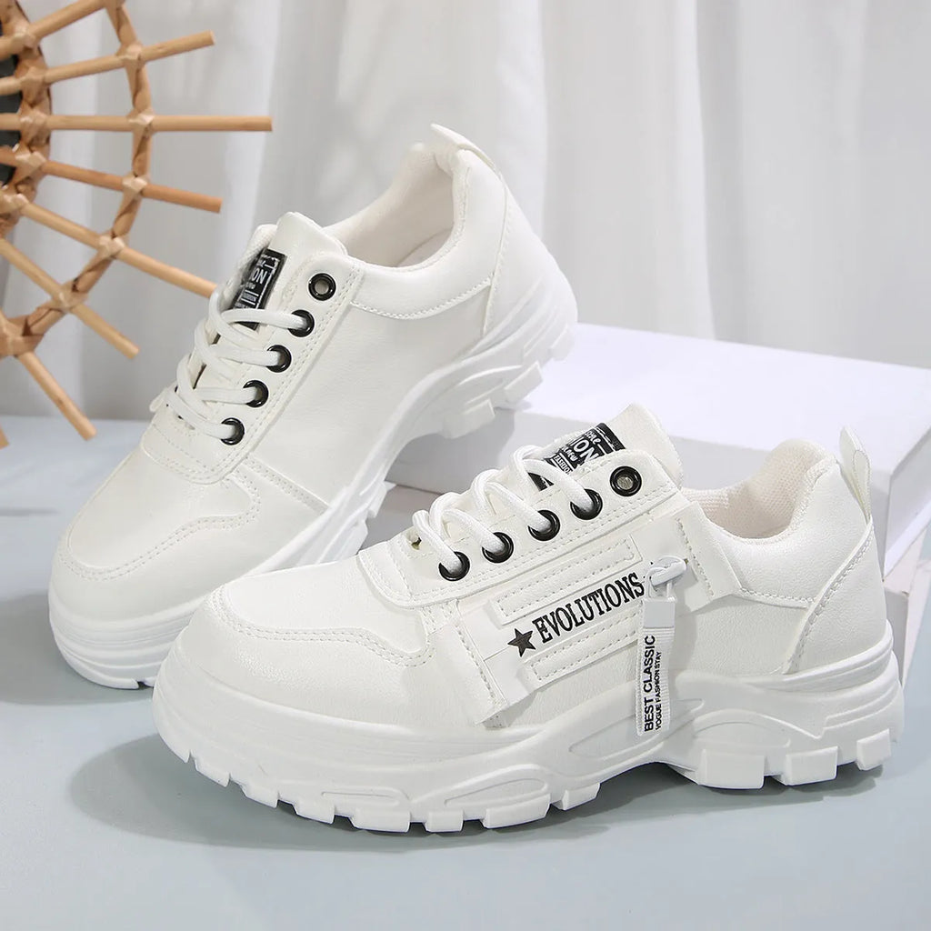 Lace-up sports shoes with side zipper, round-toe, thick sole, artificial PU upper, colour combination, women's casual sneakers