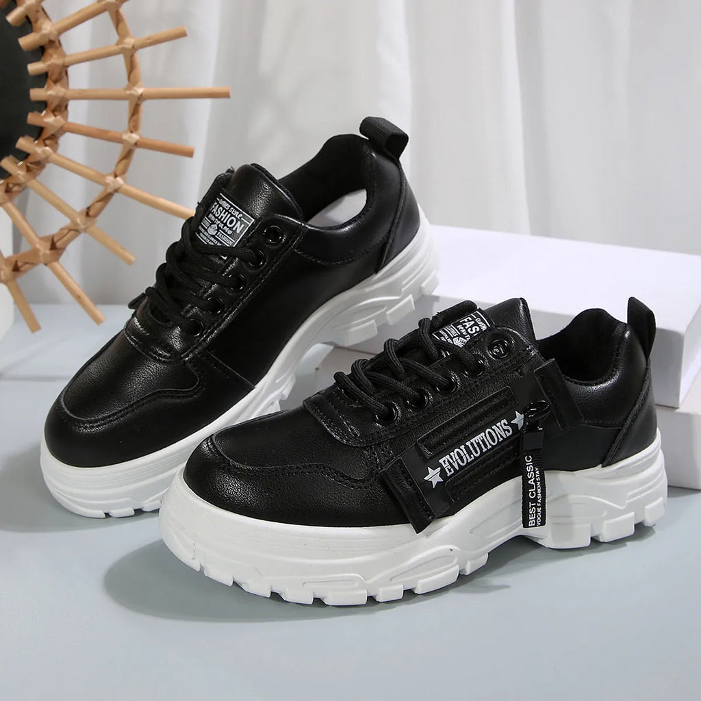 Lace-up sports shoes with side zipper, round-toe, thick sole, artificial PU upper, colour combination, women's casual sneakers