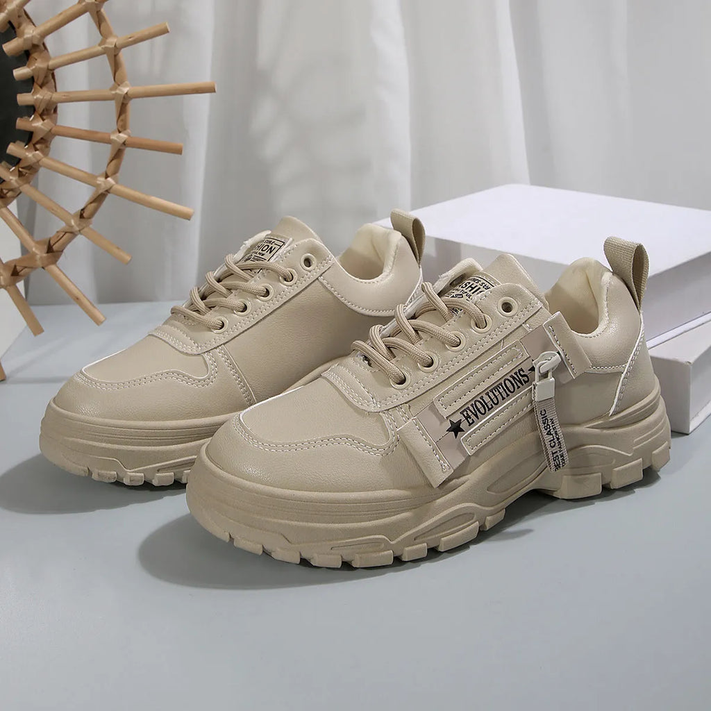 Lace-up sports shoes with side zipper, round-toe, thick sole, artificial PU upper, colour combination, women's casual sneakers