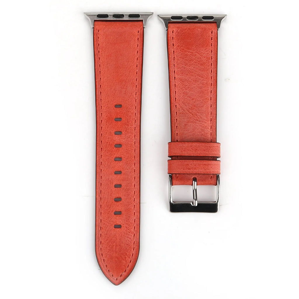 Leather watch strap with folding buckle shown in multiple colour options.
