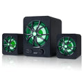 Green U-2600 2.1 USB computer speaker with colourful glowing lights on a desk